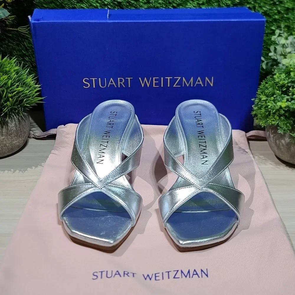 Stuart Weitzman Miami 50 Wedge Slide Silver 7.5 B NEW - Picture 2 of 9